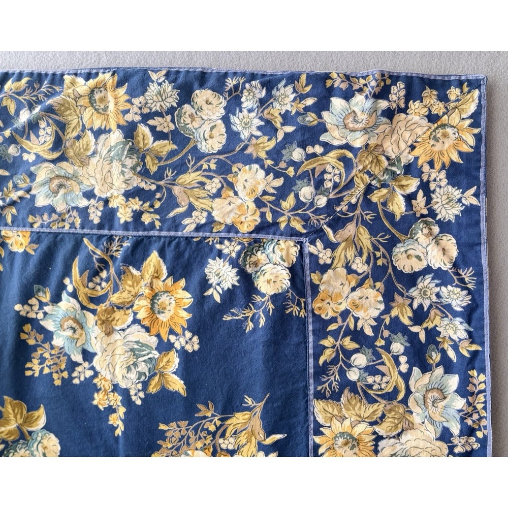 Vtg April Cornell Floral Tablecloth Navy Gold Cream 100% Cotton 48" x 48" Square